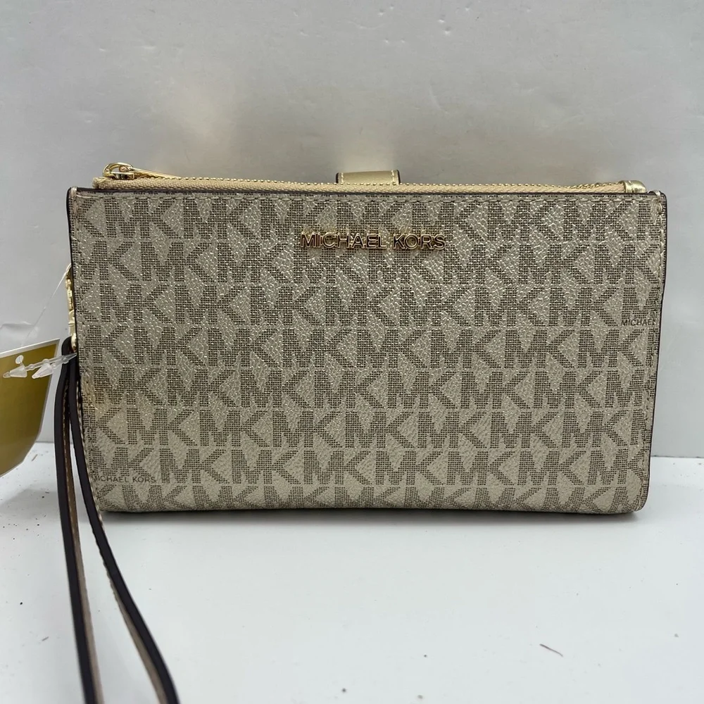 MICHAEL KORS Jet Set Travel Lg Double Zip Signature Logo Wristlet Wallet Pale Gd